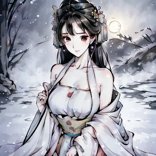 Chinese scenery, ((hot spring)), (Blizzard), (firefly), (Paper Kite), (midnight), (moon), Hilltop Shrine, ((flower)), Beautiful scenery, Realistic lighting, masterpiece, high quality,Ancient costume goddess，Water play，The long legs are charming，Medium breasts，Soft Light，Off-shoulder，Charming shoulders，best quality