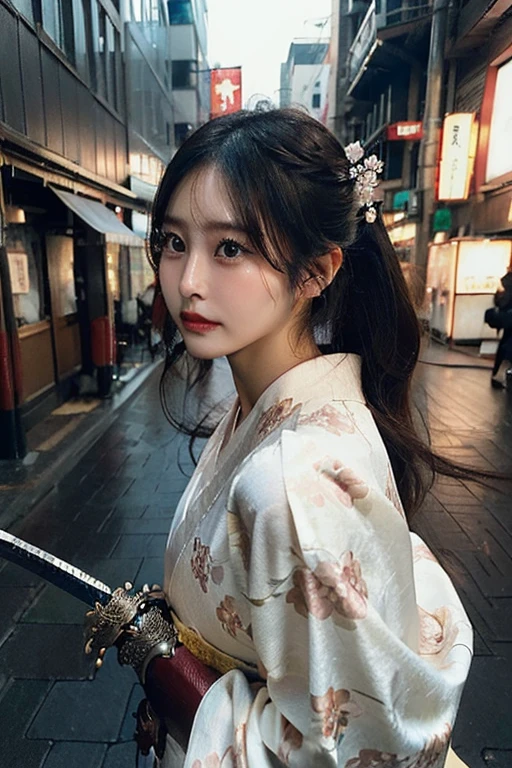 (((Holding a sword)))、(((Tears running down my cheeks)))、Beautiful Japanese Supermodel Women, Hair with subtle highlights, Big black eyes, sexy，Street background，Gorgeous kimono （Floral）,Dimples、 Backlit shooting，perfect face lighting，Mixed Media