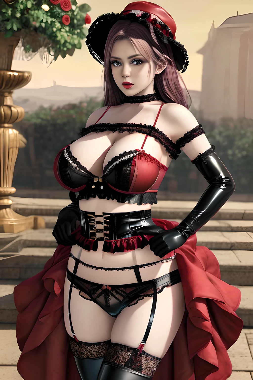 1 girl,BREAK (Royal:1.4), (red and black theme:1.5), ((red) bucket hat with rose corsage:1.4), (fusion of black high neck crop top and latex (red bustier):1.4), ((floral lace, see-through):1.3), ((sleeveless, bare shoulders):1.3), (red tiered skirt with black ruffles:1.4), ((ultra long gloves) with floral lace:1.3), (wrap a (cat garter) around thighs:1.4), outdoor,elegant,nighttime,moonlighe,shiny skin,( huge breasts), lip gloss,tattoos, masterpiece, best quality, realistic ,Surrealism,natural colors art in 8k,soft shadows,High-definition RAW color photos professional portrait photos,solo,  elise,