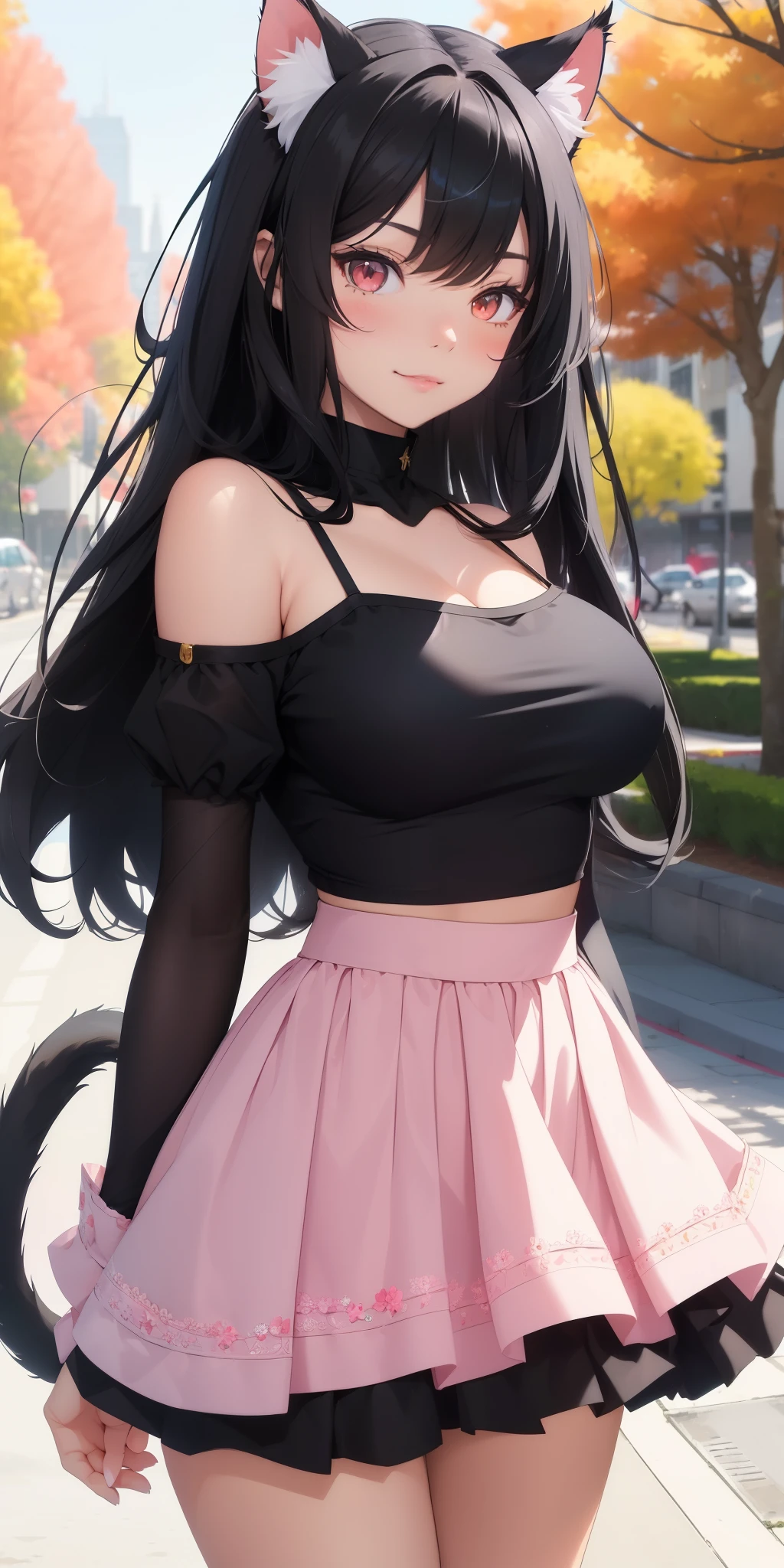 (((1 cat-girl))), ((cat ears)) solo, (((long black hair tousled by the wind))), red eyes, cropped top with puffed sleeves and kawaii skirt, spaghetti straps, shorts, lace, looking at the viewer, luxurious, elegant, extremely detailed, pink lips, shy smile, feminine charm, blushing, beautiful sky, park, autumn trees, city, butterfly, beautiful flowers, depth of field