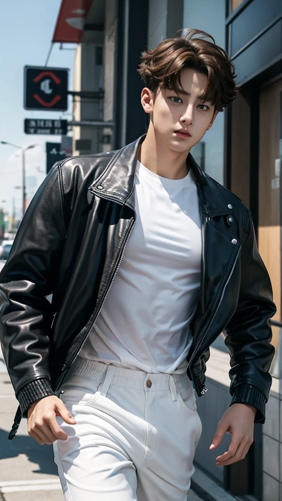 Jungkook, Running, throwing bombs,,blue eyes,half body photo,27 years old,Curly hair,medium hair,undercut hairstyle,light brown hair,black jacket,Leather jacket,white t-shirt,white trousers,morning,ultra detail,masterpiece