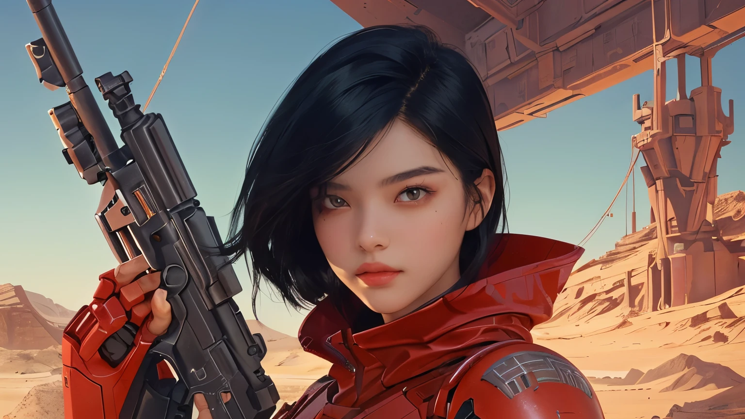 A beautiful woman. Twenty years old. Black hair. Twenty years old. Beautiful double eyes. The bridge of my nose. Thick, well-shaped lips. She is looking at the camera with a defiant expression. She stands in the Martian wasteland, holding a large futuristic gun and wearing a red metallic combat suit.