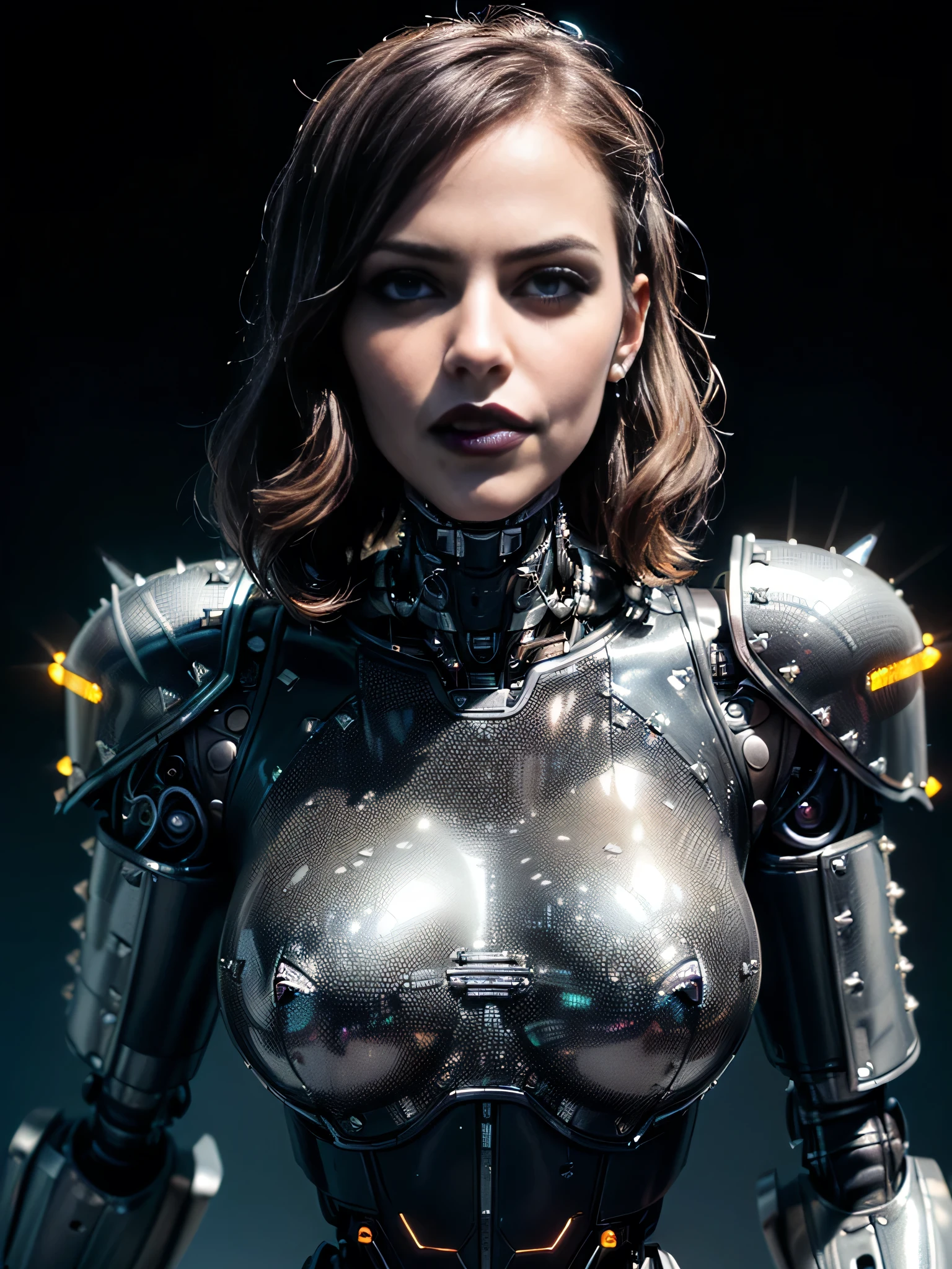 ((best quality: 1.5, masterpiece :1.2, Intricate:1.3)), intricate details, sharp focus, professional, photorealistic, real life, realistic representation of the face, (((solo, 1girl) muscular, (mysterious expression, black lipstick, ((cyborg, mechanical arms, cybernetic torso))))), bright glow, dynamic pose, dark room, dark background, black background, solo, (((smirking, (blackout eyeshadow, cleft chin), wavy dark hair))), (freckles: 0.9), ((fujicolor, film grain)), (((((futuristic black chrome lacquered armor, (rivets), photorealistic:1.2, metal reflections, refraction)), professional lighting, photon mapping, radiosity, physically based rendering, ultra resolution, hyper-realistic)))