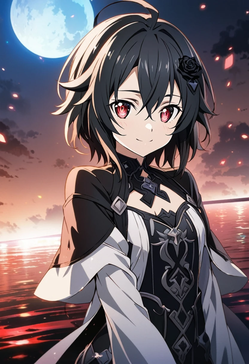 Hyakuya Mikaela \(Sword Art Online\), long black hair, ruby red eyes:1.2, dark costume, bangs, gentle smile, black rose hair ornament, ((ultra-detailed)), ((illustration)), ((neat hair)), (beautiful detailed eyes), female, 1girl, ((moon reflection)), looking at viewer