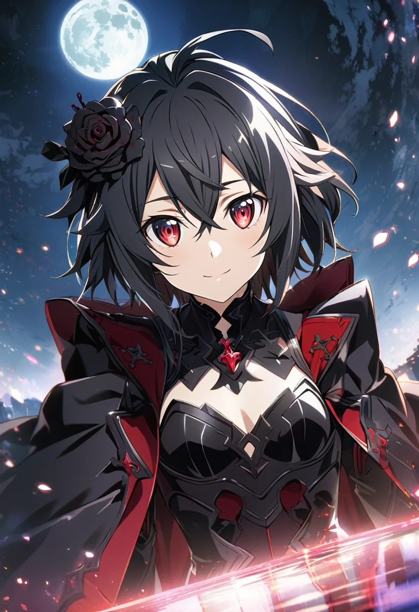Hyakuya Mikaela \(Sword Art Online\), long black hair, ruby red eyes:1.2, dark costume, bangs, gentle smile, black rose hair ornament, ((ultra-detailed)), ((illustration)), ((neat hair)), (beautiful detailed eyes), female, 1girl, ((moon reflection)), looking at viewer
