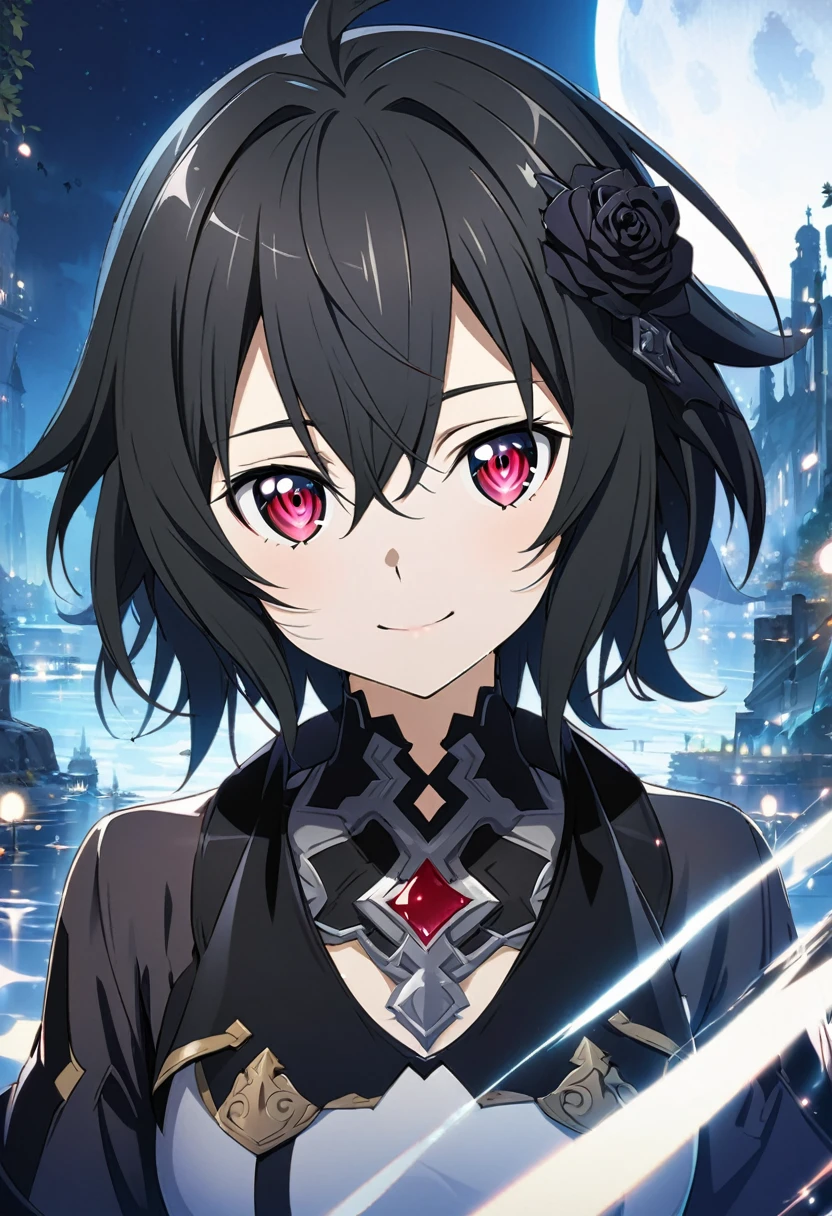 Hyakuya Mikaela \(Sword Art Online\), long black hair, ruby red eyes:1.2, dark costume, bangs, gentle smile, black rose hair ornament, ((ultra-detailed)), ((illustration)), ((neat hair)), (beautiful detailed eyes), female, 1girl, ((moon reflection)), looking at viewer