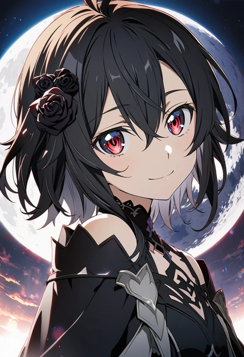 Hyakuya Mikaela \(Sword Art Online\), long black hair, ruby red eyes:1.2, dark costume, bangs, gentle smile, black rose hair ornament, ((ultra-detailed)), ((illustration)), ((neat hair)), (beautiful detailed eyes), female, 1girl, ((moon reflection)), looking at viewer
