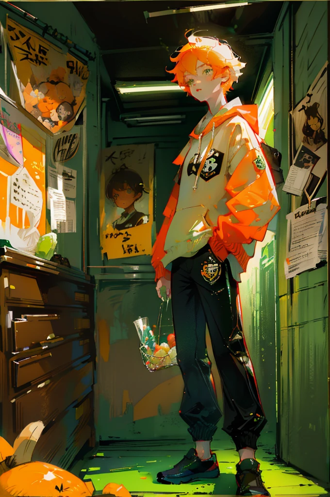 Young boy with orange hair, short hair, apple-green t-shirt, ripped jeans, damaged brown jacket, converse shoes, old dilapidated apartment still inhabited, flowers, hallway, brown backpack, freckles, ultra-detailed, detailed face, detailed eyes, style poster.