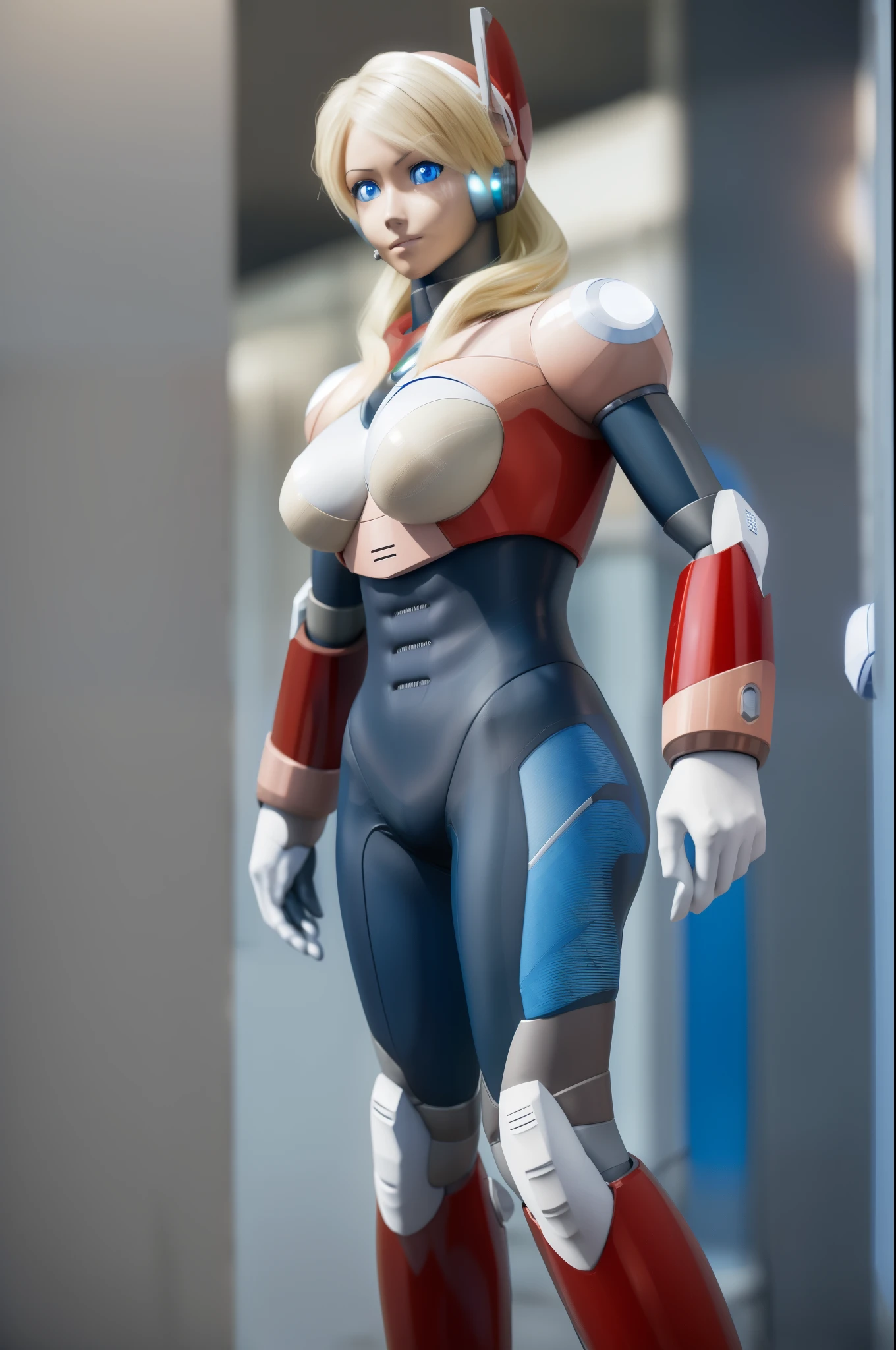 ultra detailed of a woman cyborg, 1girl, (natural skin texture, realistic eye details:1.2) alias_mega manx, alone, breasts, blue eyes, blonde hair, Android, long hair, robot ears, stand at attention, display, artwork, high quality, hypnotized, blank expression, mannequin, nsfw