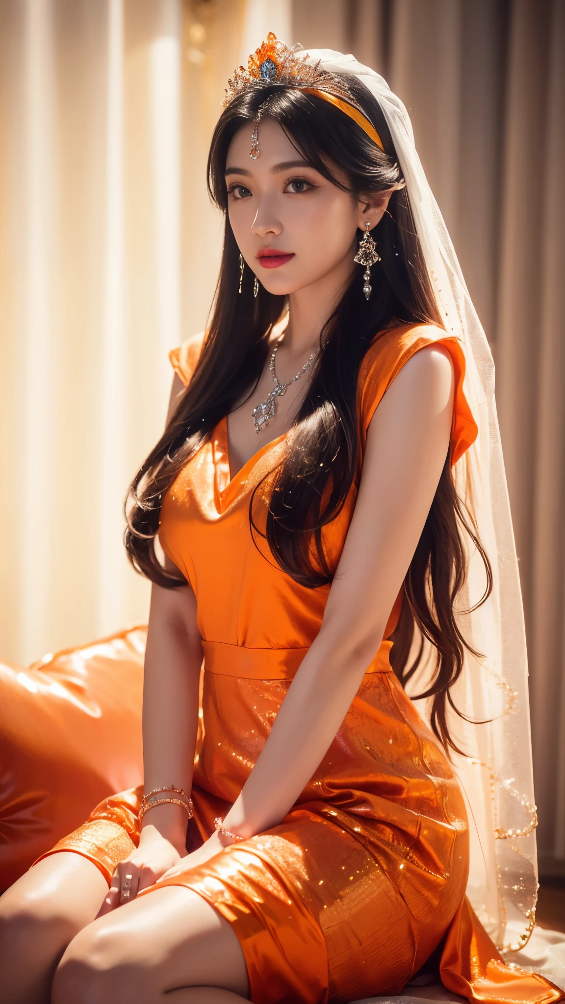 4K, UHD, masterpeice, 1 girl, good face, happy face, ((white skin)), detailed eyes, detailed lipstick, very long hair, straight hair, very long hair, beautiful hair, hair ornaments, hairband, gradient hair, ((orange stocking)), ((princess clothing)), ((decorated clothing)), ((sardine)), ((sparkle clothing)), ((orange lace)), ((diamond bracelet)), ((pendant)), ornaments, necklace, earring, high lighting, ((in the wedding stage)), fujicolor, depth of field, ray tracing, ultra realistic detailes, sitting,