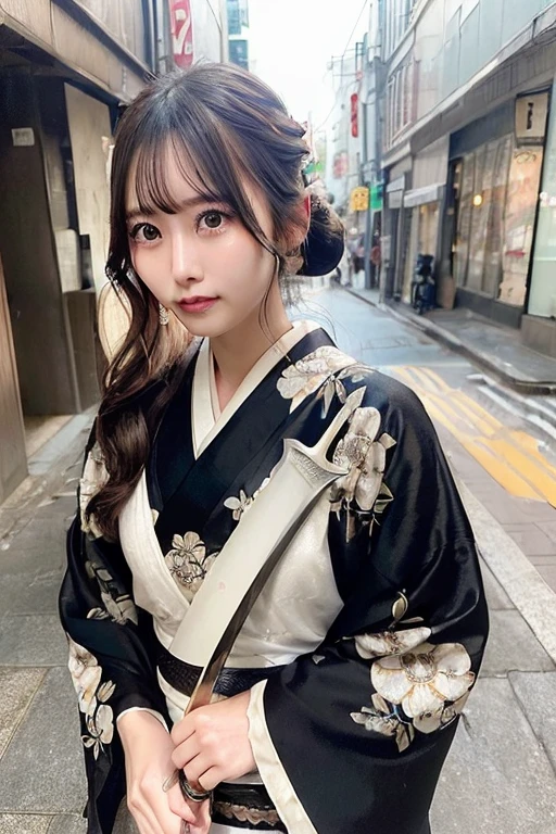 (((Holding a sword)))、(((Tears running down my cheeks)))、Beautiful Japanese Supermodel Women, Hair with subtle highlights, Big black eyes, sexy，Street background，Gorgeous kimono （Floral）,Dimples、 Backlit shooting，perfect face lighting，Mixed Media