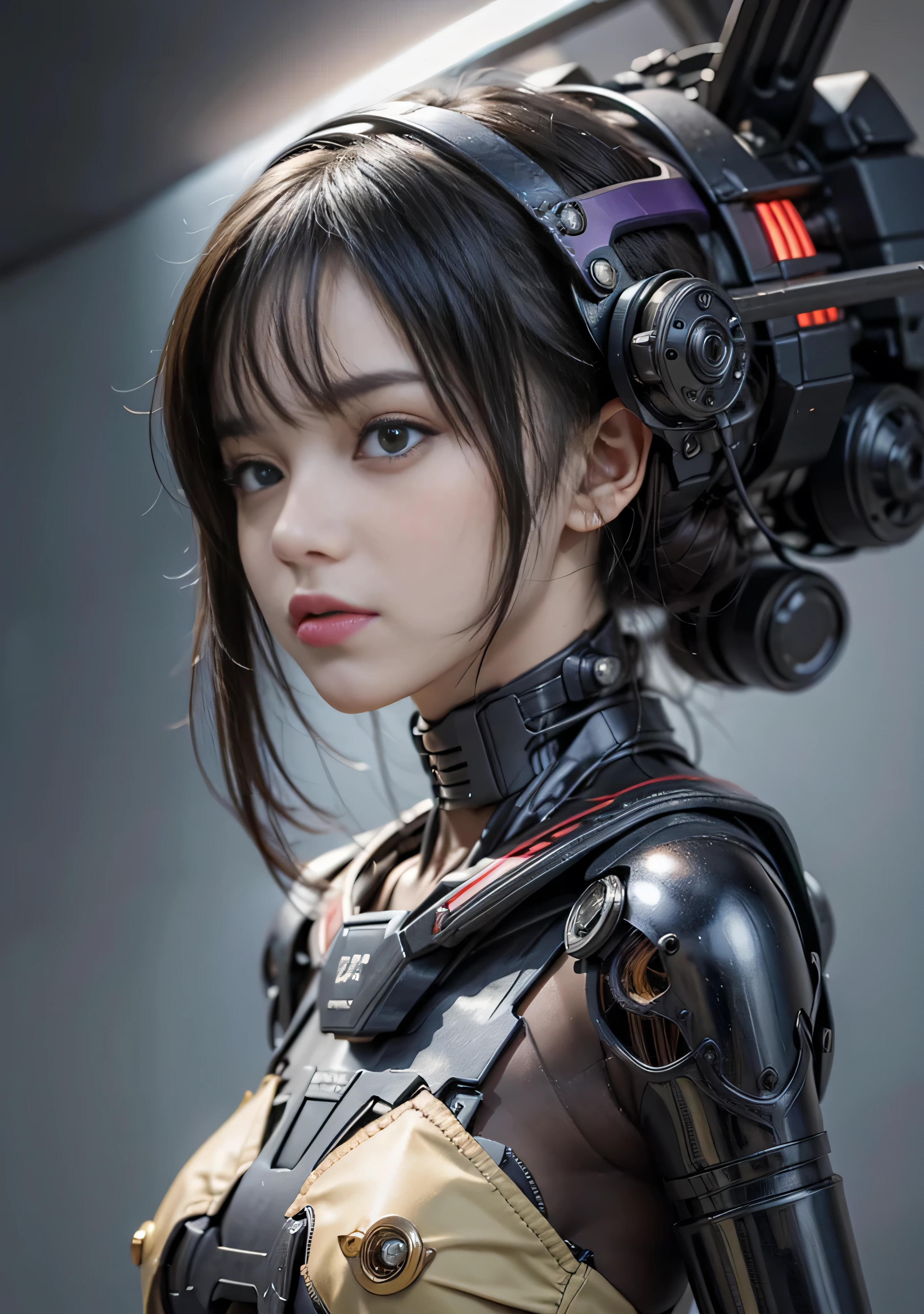 (RAW quality:1.4), highest quality, masterpiece, Ultra-high resolution, (Realistic: 1.4), RAW Photos, Mechanized girl 1 person, Japanese, 14 years old, Black Hair, Glowing Skin, 1. Mechanical Girl, (Ultra-Realistic Details)), Portraiture, Global Illumination, Shadow, Octane Rendering, 8k, Ultra Sharp, Huge Bust, Underboo Boo, (Bare skin exposed from the cleavage to the lower abdomen:1.4), Metal, Intricate decorative details, Very intricate detail, Realistic Light, CGSoation Trend, Purple eyes, Glowing Eyes, To the camera, Neon Details, Mechanical Limbs, Blood vessels connected to tubes, Mechanical vertebrae attached to the back, Mechanical cervical attachment to the neck, Wires and cables that connect to the nipple, Gundam, Small LED Lamp, Cowboy Shot, pubic_hair, Machine parts wedged between her legs, 2D barcode written on skin,