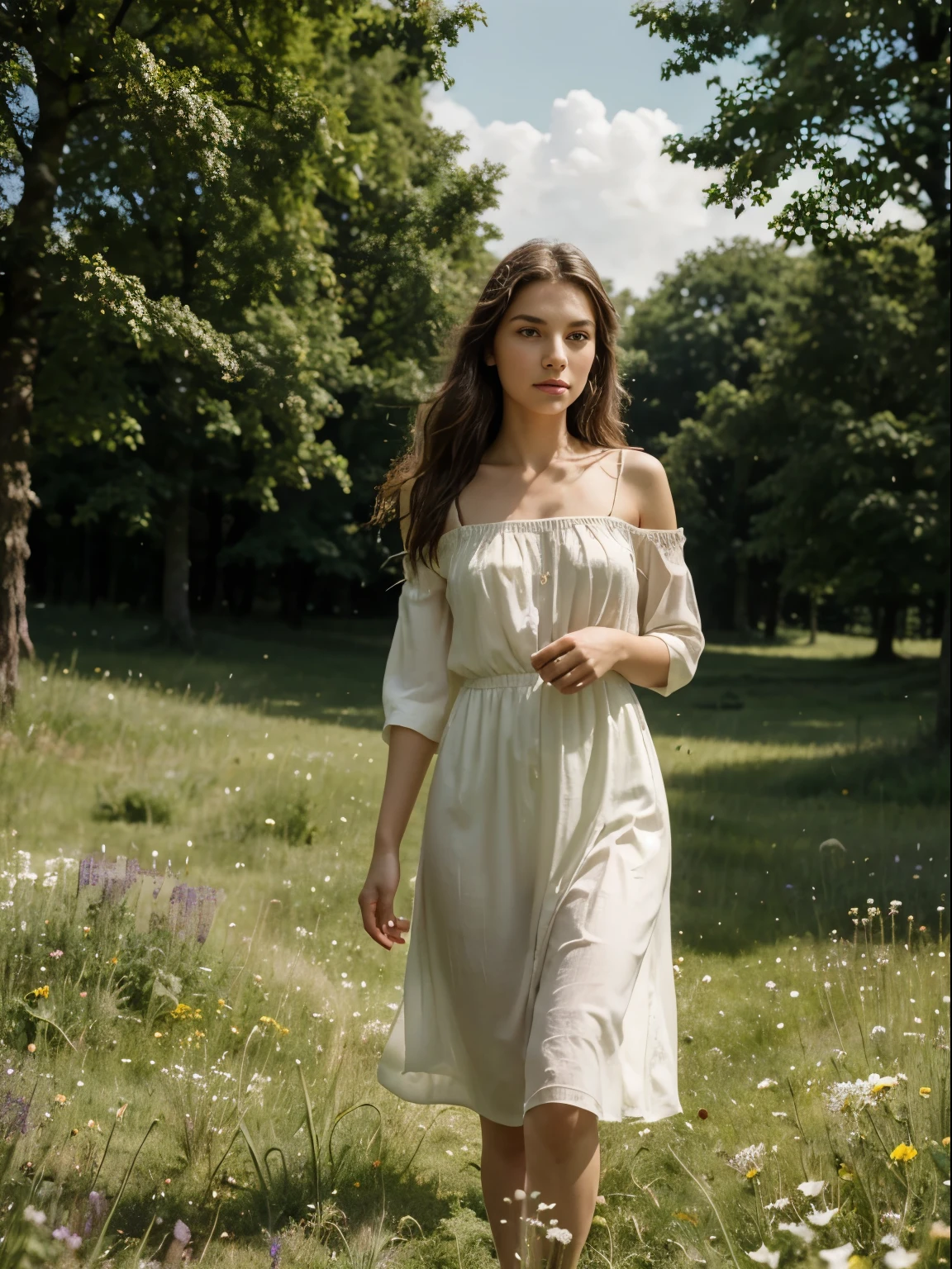 (Best quality:1.4), (ultra high resolution:1.2), (Fotorealistisch:1.4), (8 Tausend, RAW-Foto:1.2)(best qualitiy, ultra 4k) Photo of a 20 year old brunette woman, who has a very natural face, thin lips, thin eyes, thin eyesbrauen, thin nose, lange Wimpern.Das Fotoshooting findet in einer ruhigen, sonnenbeschienenen Wiese am Rande eines malerischen Dorfes statt. Die Wiese ist ein Meer aus Wildblumen, deren lebendige Farben sanft im Wind wiegen. In the background, rolling hills and a distant forest provide a peaceful and idyllic setting. The air is filled with the soft hum of bees and the sweet scent of blooming flowers, which creates a calm and enchanting atmosphere.
The female model wears a flowing, pastellfarbenes Sommerkleid, das sich bei jedem ihrer Schritte anmutig bewegt. She is barefoot, ihre Zehen sinken in das weiche Gras, and she wears a simple, zarte Blumenkrone im Haar, that falls in loose waves around her shoulders. Die Accessoires sind minimal, which emphasizes their natural beauty and blends harmoniously with the peaceful surroundings.
The photographer captures the model, as she walks through the meadow, her hands gently stroking the tips of the wildflowers. The focus is on her calm expression and the effortless grace of her movements, eingerahmt von den farbenfrohen Blumen um sie herum. Die Szene ist ruhig und traumhaft, mit weichem, geflecktem Sonnenlicht, that falls through the trees at the edge of the meadow and bathes everything in a golden light.
The lighting is warm and natural, mit der tief stehenden Sonne am Himmel, die lange, casts soft shadows and enhances the rich colors of the landscape. The colors of the wildflowers – vibrant violets, Yellow and pink tones – stand out vividly against the lush green grass. Das Model steht im Mittelpunkt des Bildes, her calm and relaxed nature perfectly complements the peaceful environment.