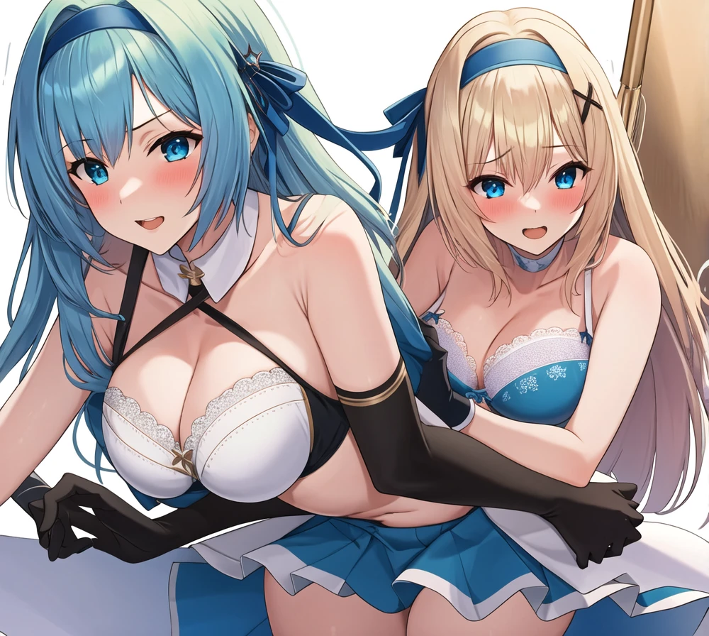 (masterpiece, best quality:1.2), 1girl, solo, blond hair, blue hairband, blue hair ribbon on the left, white-blue bra, black gloves, knight skirt, Solid color background