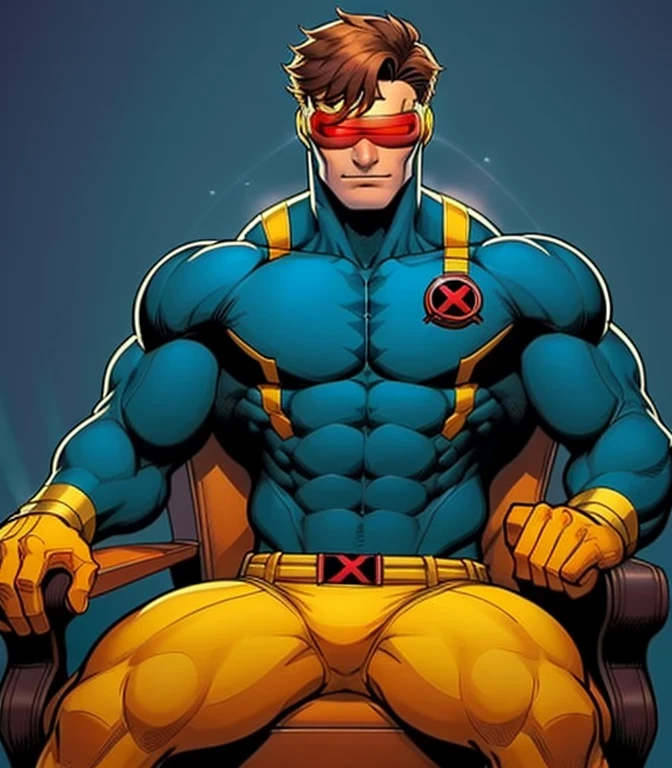 male, (yellow underwear:1), blue suit, cyclops, body, x-men, red glasses, laser glasses, (masterpierce:1.2), super heroes, flexing the muscles, sitting on the chair