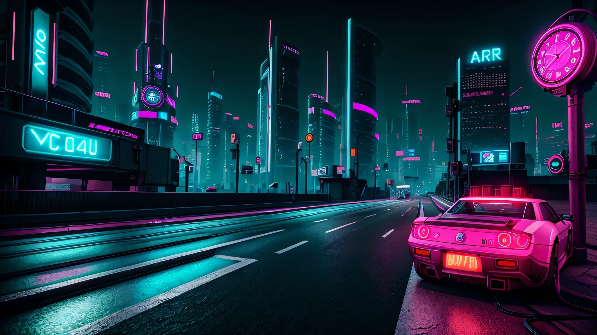 control, clock, cyberpunk, neon --ar 2:3 --v 4, road, street