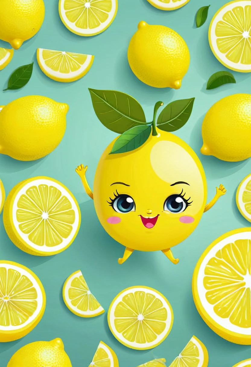 Vector lemon personification challenging to eat lemon showing cute look next to lemon slices