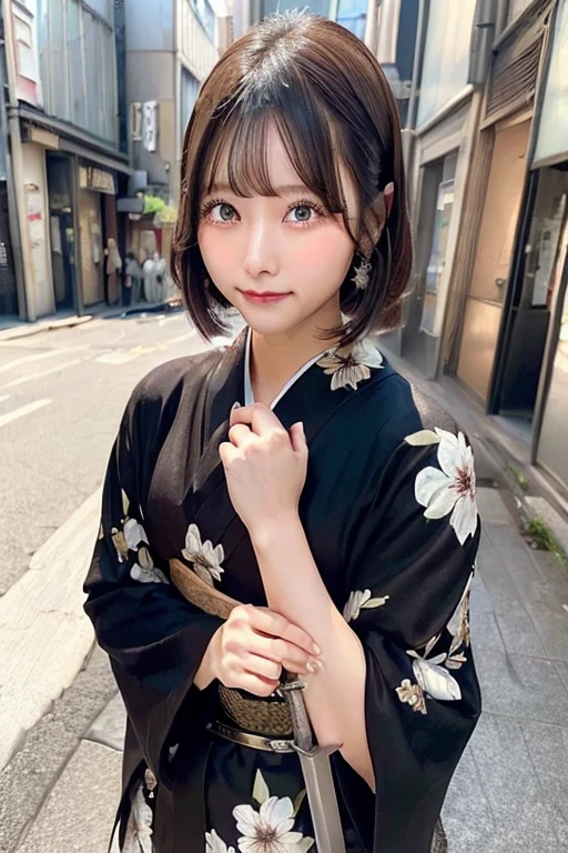 (((Holding a sword)))、(((Tears running down my cheeks)))、Beautiful Japanese Supermodel Women, Hair with subtle highlights, Big black eyes, sexy，Street background，Gorgeous kimono （Floral）,Dimples、 Backlit shooting，perfect face lighting，Mixed Media