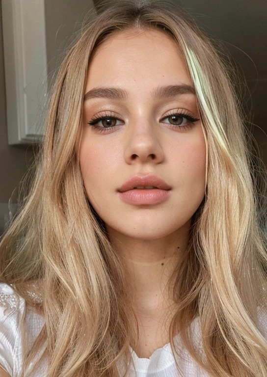 um close de uma mulher com longos cabelos loiros e uma camisa branca, Glossy lips, thick lips, full Glossy lips, lips well separated, Face as Exposed Ester, sensual lips :5 elegante, rosto sexy com maquiagem completa, perfect lips, Retrato de Sophie Mudd, small fleshy lips, uma garota com cabelo loiro, wide lips and soft blue eyes