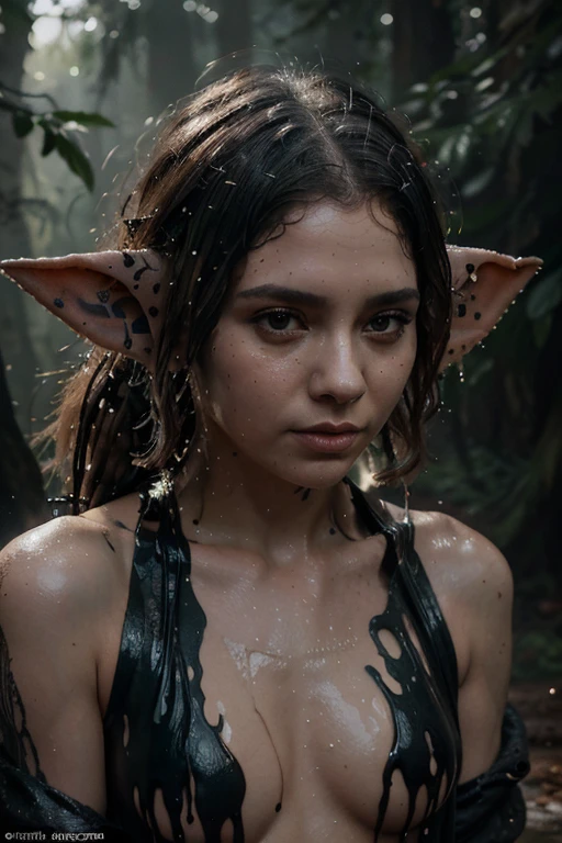 Splash art :: A detailed upper body portrait of Yoda ears, cute human neutral face by Bojan Jevtic + Ashley Wood:: Shirtless :: elf forest in the background ink splash + drip art + splash art :: splashes of oil, ultra-detailed background with black smoke :: intricate detailed, hyperdetailed, maximalist, 8k resolution concept art, Artstation