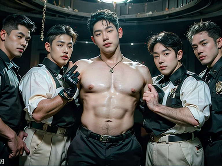 ung handsome guy,20-22 years old,police officers,Interpol,Police Department,Handsome,musculous,hairy bodies,,(Fine eye 1:3),Black eyes,full bodyesbian , epic reality , epic photorealistic , ultra realism , photorealistic , only male , only boy , full length shot (fls) , wearing sexycro thong , arms up, handsome korean boy , topless , sex sla ,bondage coain , standing , wide hips , wide pelvis , phat hips. , thick thighs , ((grins to your audiences , you are a good dog)) , undress , (((an audiences around him)) , ((gangbang)) , ((mboys))