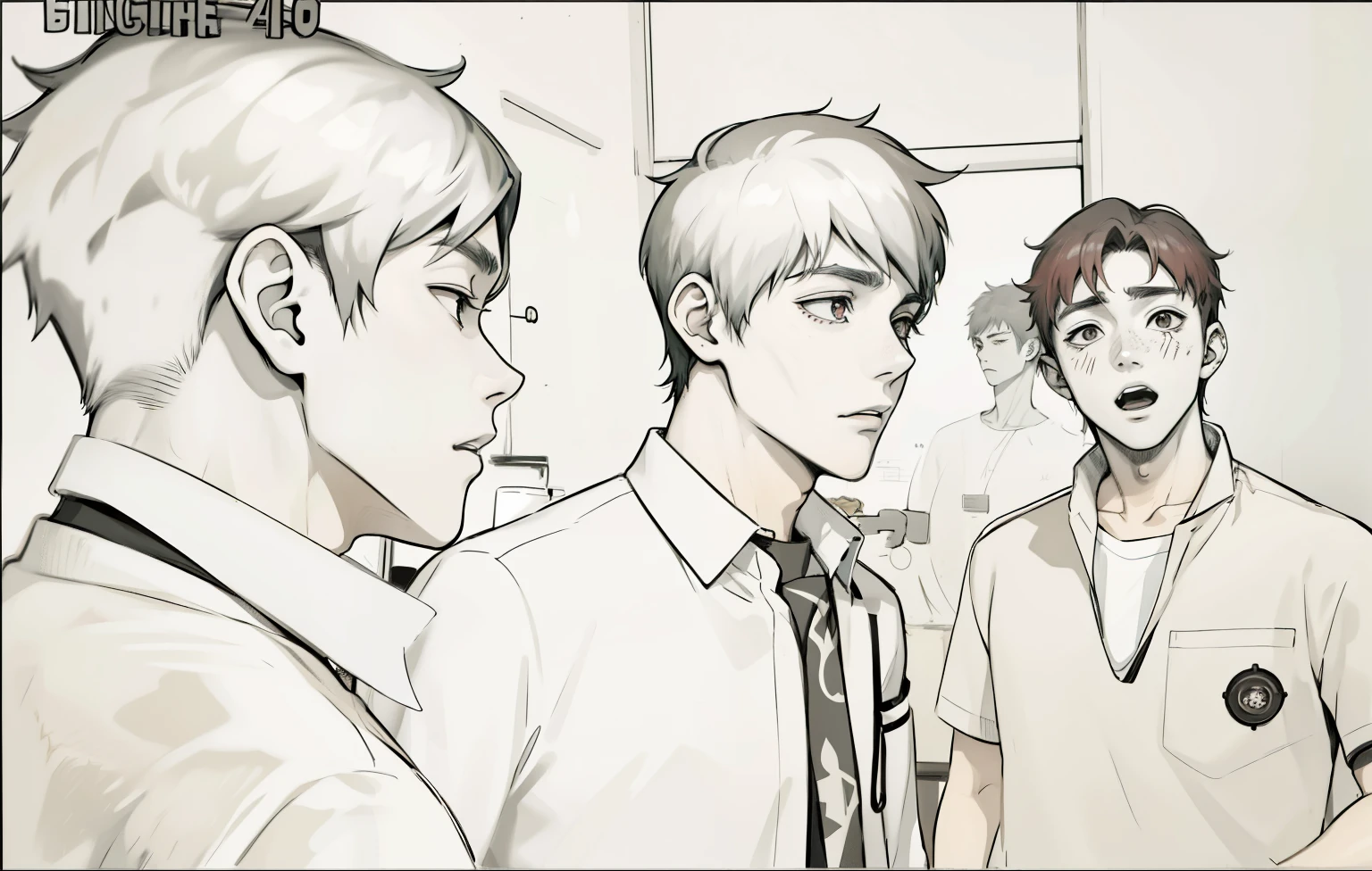 (estilo anime 2d plano) young 17 year old man is scared worried he is scared he has red hair gray eyes