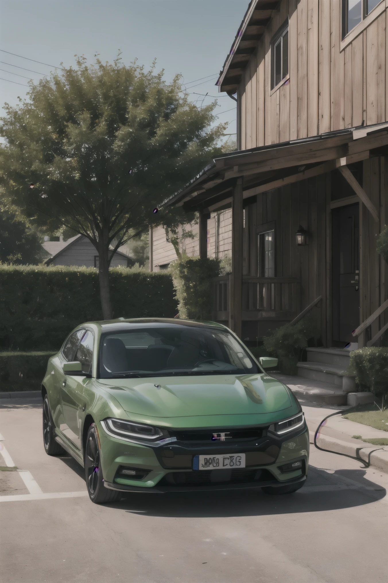 4k photography electric car being charged in a beautiful house highlighting the charger in green color
