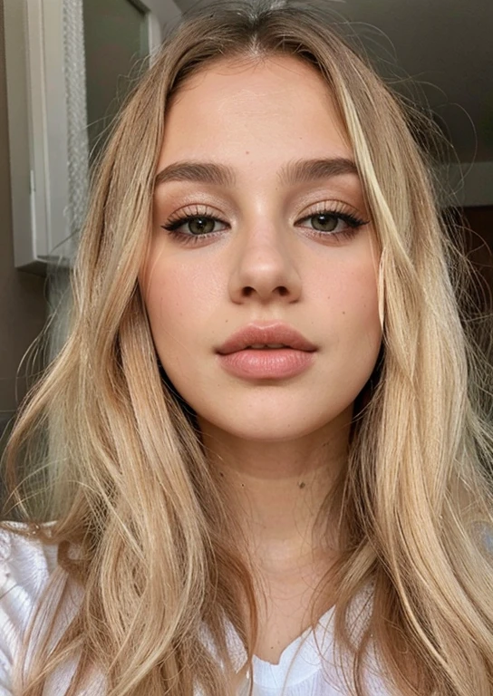 um close de uma mulher com longos cabelos loiros e uma camisa branca, Glossy lips, thick lips, full Glossy lips, lips well separated, Face as Exposed Ester, sensual lips :5 elegante, rosto sexy com maquiagem completa, perfect lips, Retrato de Sophie Mudd, small fleshy lips, uma garota com cabelo loiro, wide lips and soft blue eyes