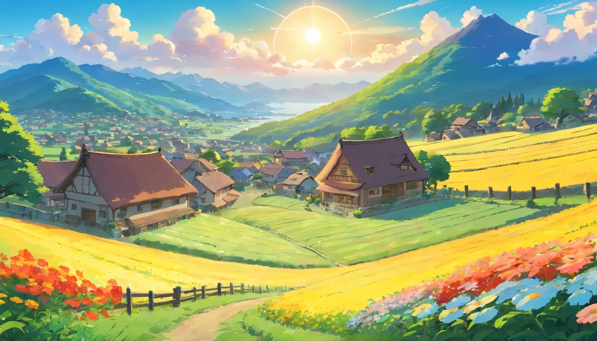 small village in the countryside, field, mountain, tree, flower field, clouds in the sky, The sun shines