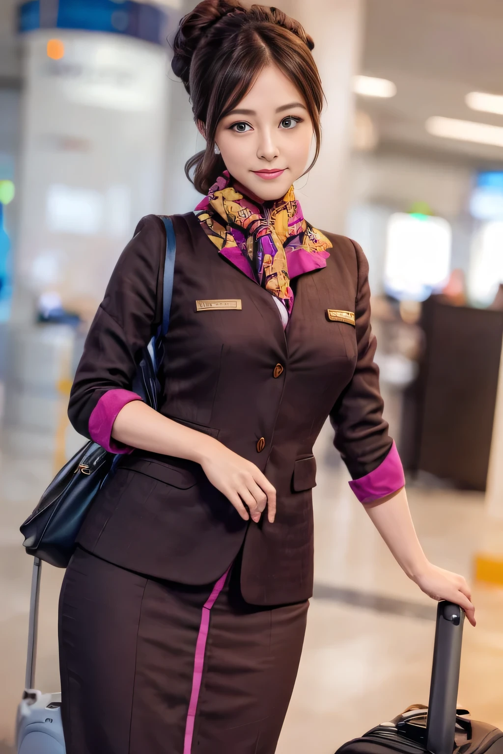 (masterpiece:1.2、highest quality:1.2)、32K HDR、High resolution、(alone、1 girl、Slim figure)、(A realistic reproduction of the ETIHAD Airways Cabincrew Uniform)、 (At the airport counter, Professional Lighting)、A proper woman, Beautiful Face,、(Long sleeve ETIHAD Airways Cabincrew Uniform)、(ETIHAD Airways Cabincrew Uniform skirt with purple stripe on the front)、(scarf on chest)、Big Breasts、(Long Hair Up、Hair Bun)、Dark brown hair、Long Shot、((Great hands:2.0))、((Harmonious body proportions:1.5))、((Normal limbs:2.0))、((Normal finger:2.0))、((Delicate eyes:2.0))、((Normal eyes:2.0)))、Beautiful standing posture、smile