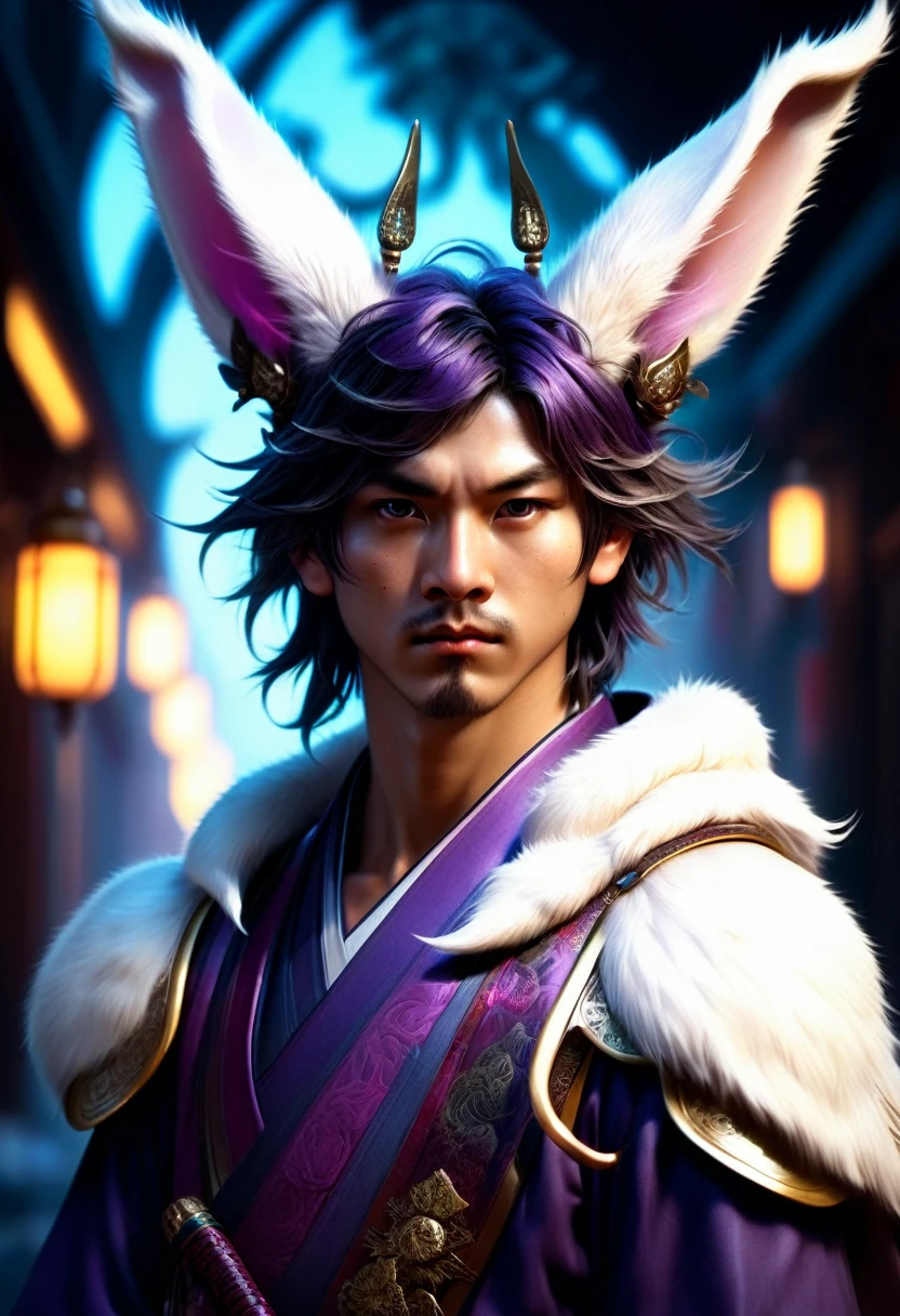 a cool boy with long fluffy rabbit ears, rabbit ears, Badass Samurai boy with rabbit ears intricate details, HDR, beautifully shot, hyperrealistic, sharp focus, megapixels, perfect composition, high contrast, cinematic, atmospheric, moody 8k resolution concept art by Greg Rutkowski dynamic lighting hyperdetailed intricately detailed Splash art trending on Artstation triadic colors Unreal Engine 5 volumetric lighting Alphonse Mucha WLOP, a masterpiece, 8k resolution, dark fantasy concept art, by Greg Rutkowski, dynamic lighting, hyperdetailed, intricately detailed, Splash screen art, trending on Artstation, deep color, Unreal Engine, volumetric lighting, Alphonse Mucha, Jordan Grimmer, purple and yellow complementary colours