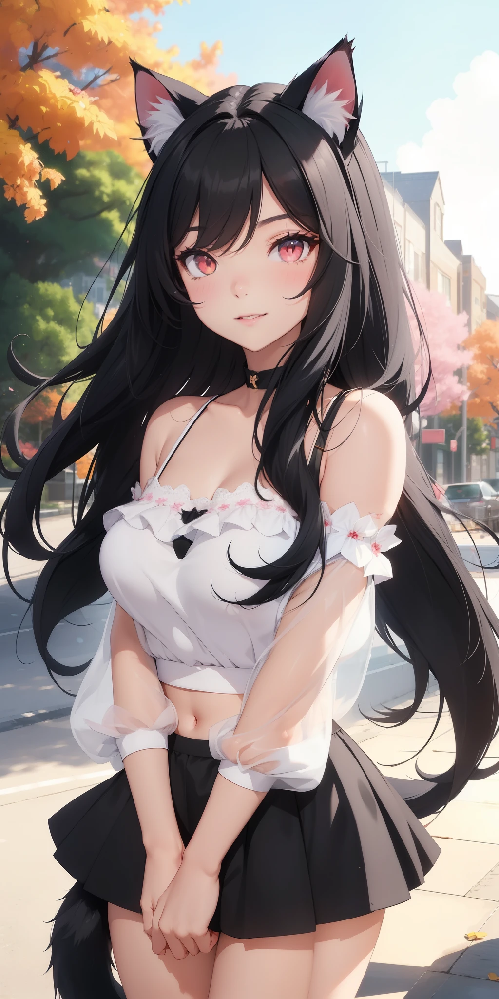 (((1 cat-girl))), ((cat ears)) solo, (((long black hair tousled by the wind))), red eyes, cropped top with puffed sleeves and kawaii skirt, spaghetti straps, shorts, lace, looking at the viewer, luxurious, elegant, extremely detailed, pink lips, shy smile, feminine charm, blushing, beautiful sky, park, autumn trees, city, butterfly, beautiful flowers, depth of field