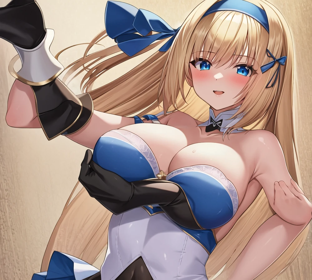 (masterpiece, best quality:1.2), 1girl, solo, blond hair, blue hairband, blue hair ribbon on the left, white-blue breast, black gloves, knight skirt, grayr background