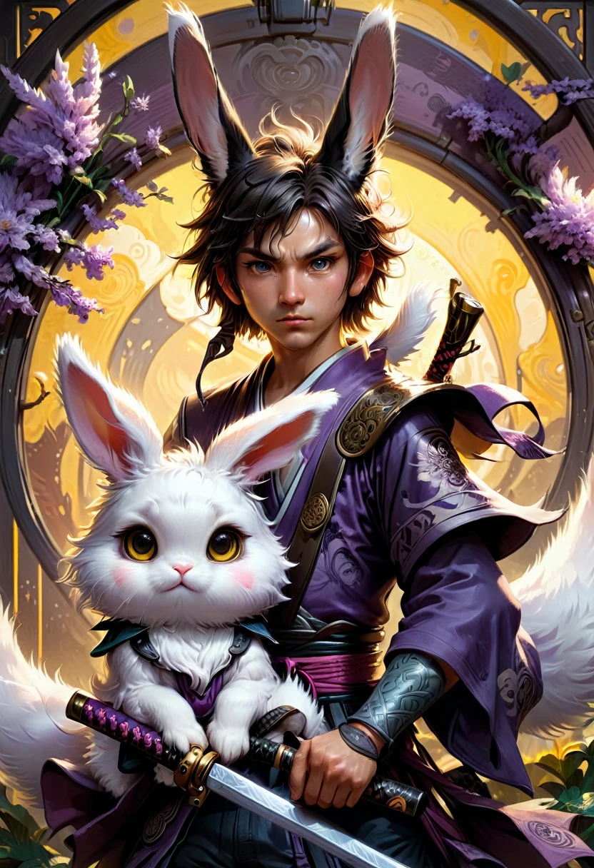 a cool boy with long fluffy rabbit ears, rabbit ears, Badass Samurai boy with rabbit ears intricate details, HDR, beautifully shot, hyperrealistic, sharp focus, megapixels, perfect composition, high contrast, cinematic, atmospheric, moody 8k resolution concept art by Greg Rutkowski dynamic lighting hyperdetailed intricately detailed Splash art trending on Artstation triadic colors Unreal Engine 5 volumetric lighting Alphonse Mucha WLOP, a masterpiece, 8k resolution, dark fantasy concept art, by Greg Rutkowski, dynamic lighting, hyperdetailed, intricately detailed, Splash screen art, trending on Artstation, deep color, Unreal Engine, volumetric lighting, Alphonse Mucha, Jordan Grimmer, purple and yellow complementary colours