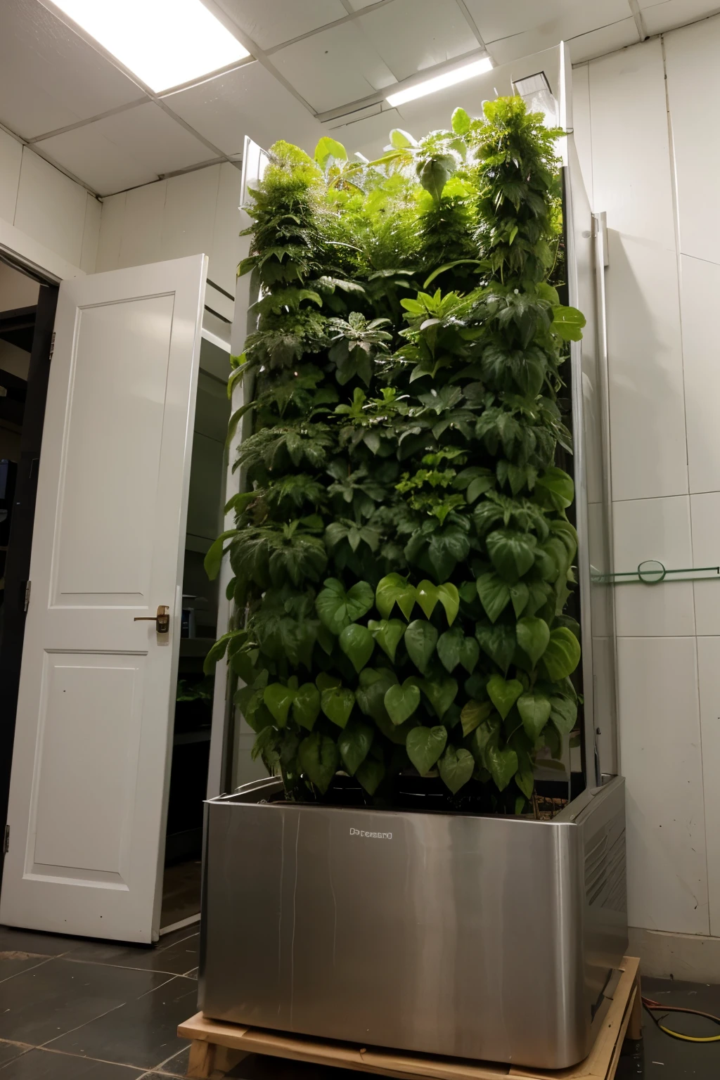 1m of vertical farm*Draw a drawing of a 1m vertical farm with water spray nozzles on top and a temperature and humidity controller next to it.