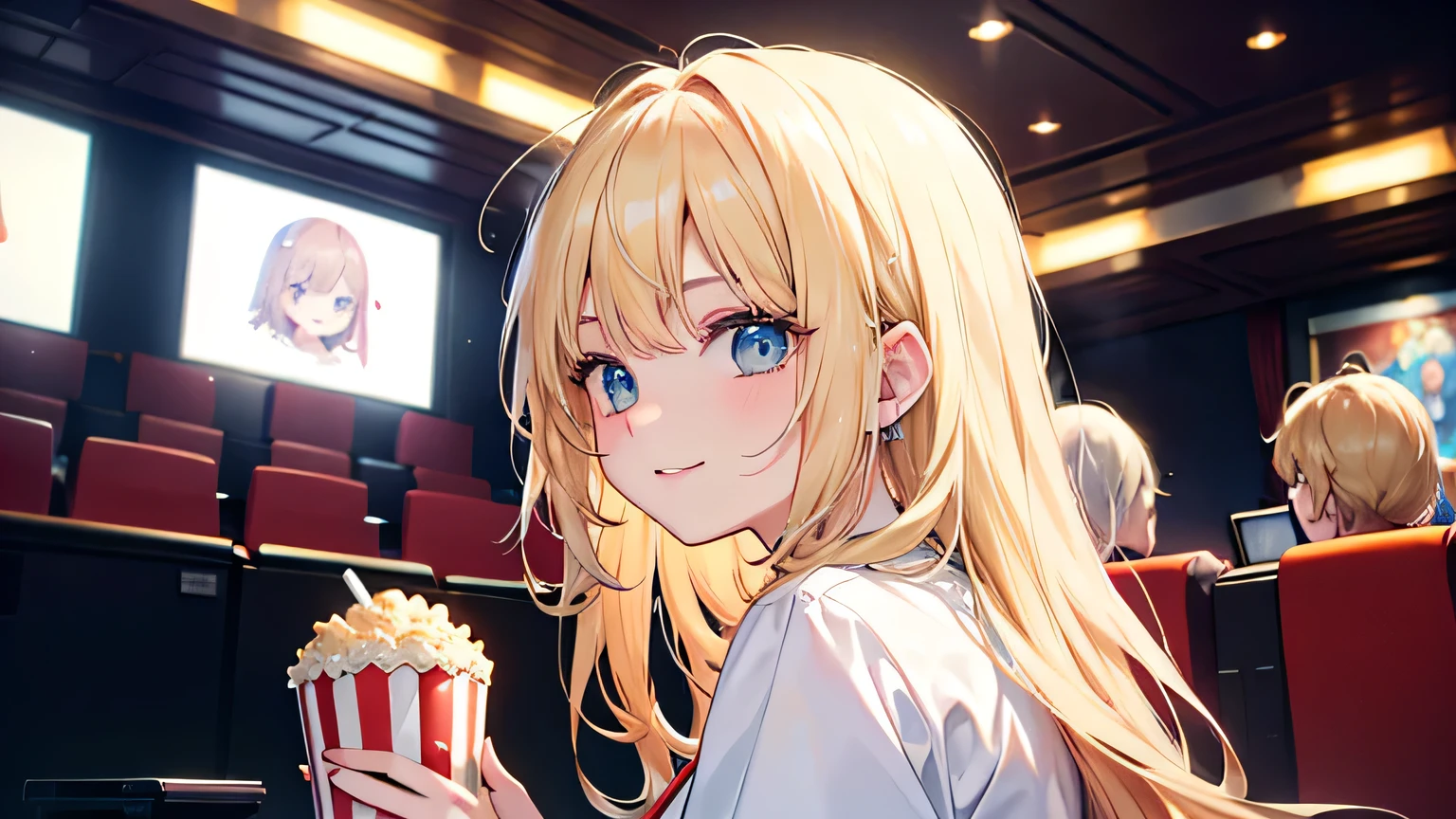 ((highest quality)), ((masterpiece)), (detailed), Perfect Face、movie theatre、Movie viewing、blonde、Smooth Hair、Popcorn、Angle from the side、Upper Body、smile、