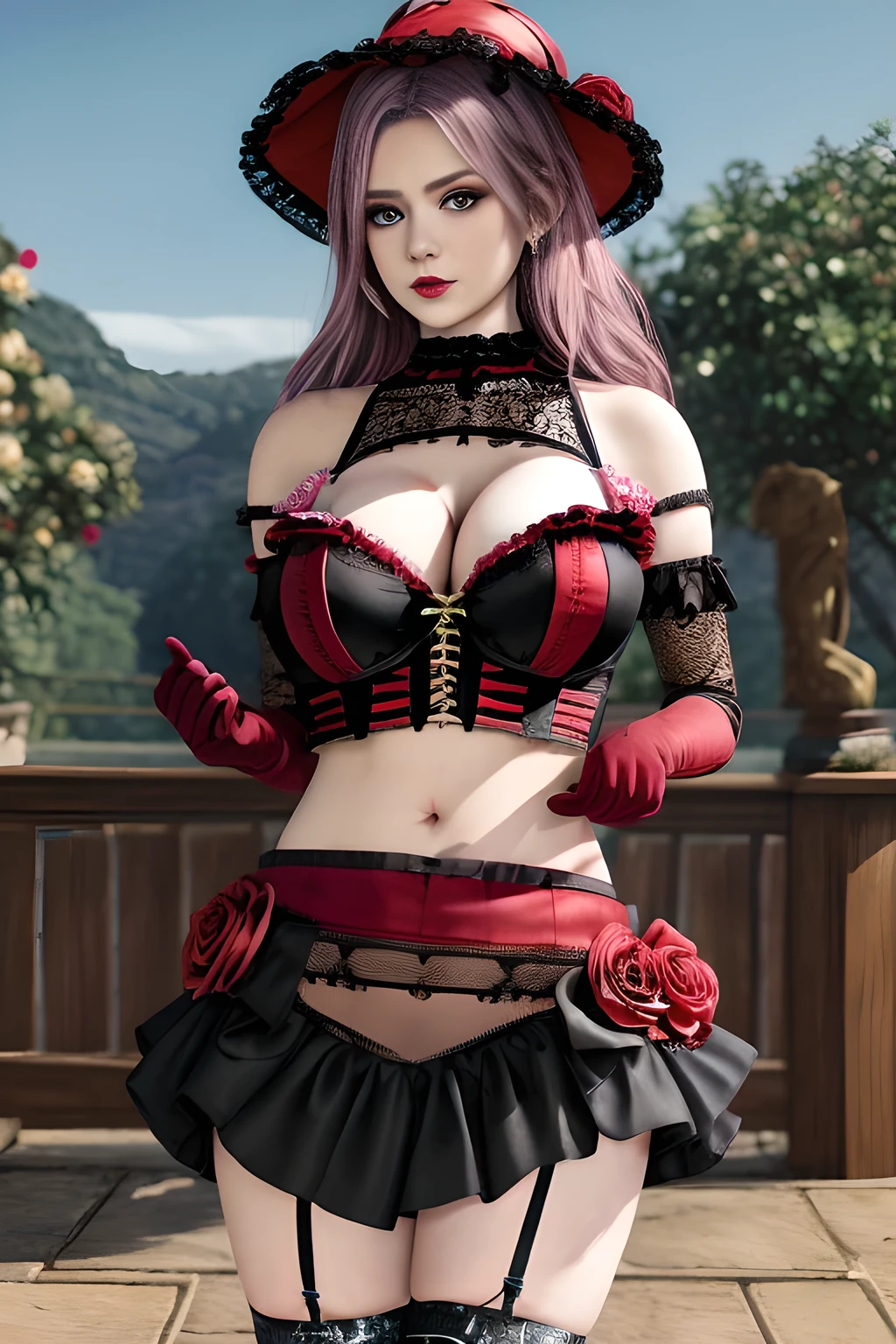 1 girl,BREAK (Royal:1.4), (red and black theme:1.5), ((red) bucket hat with rose corsage:1.4), (fusion of black high neck crop top and latex (red bustier):1.4), ((floral lace, see-through):1.3), ((sleeveless, bare shoulders):1.3), (red tiered skirt with black ruffles:1.4), ((ultra long gloves) with floral lace:1.3), (wrap a (cat garter) around thighs:1.4), outdoor,elegant,nighttime,moonlighe,shiny skin,( huge breasts), lip gloss,tattoos, masterpiece, best quality, realistic ,Surrealism,natural colors art in 8k,soft shadows,High-definition RAW color photos professional portrait photos,solo,  elise,