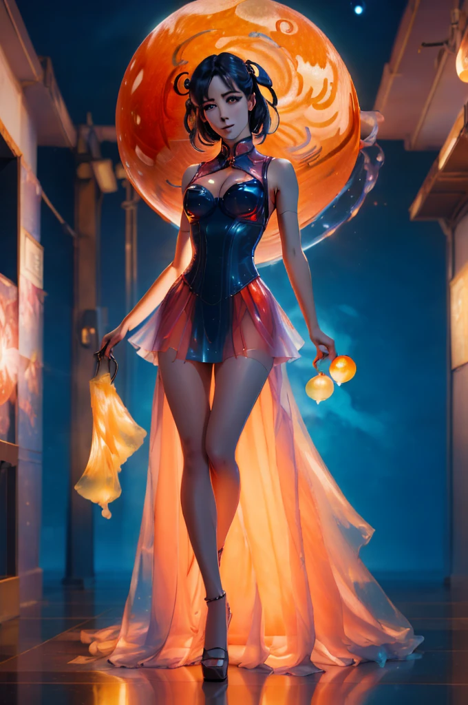 ((best quality)), ((masterpiece)), (intricate details, hyperdetailed:1.15), 35mm, bokeh, (perfect face, highest detailed face), (full body shot), (wearing a red bioluminescent ballgown), red and yellow bioluminescent dress, fashion photography of bratz, lips, large breasts, beautiful, makeup, mascara, lip gloss, perfect eyes, long eyelashes, long hair, looking at viewer, 8k, shiny, glow, (bloom), beautiful girl, photoshoot, fun atmosphere, (full moon, Lunar New Year setting, Chinese dragon:1.3)