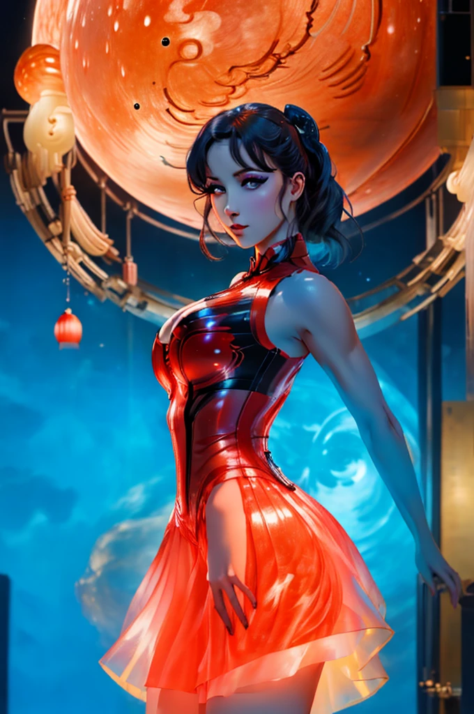 ((best quality)), ((masterpiece)), (intricate details, hyperdetailed:1.15), 35mm, bokeh, (perfect face, highest detailed face), (full body shot), (wearing a red bioluminescent ballgown), red and yellow bioluminescent dress, fashion photography of bratz, lips, large breasts, beautiful, makeup, mascara, lip gloss, perfect eyes, long eyelashes, long hair, looking at viewer, 8k, shiny, glow, (bloom), beautiful girl, photoshoot, fun atmosphere, (full moon, Lunar New Year setting, Chinese dragon:1.3)