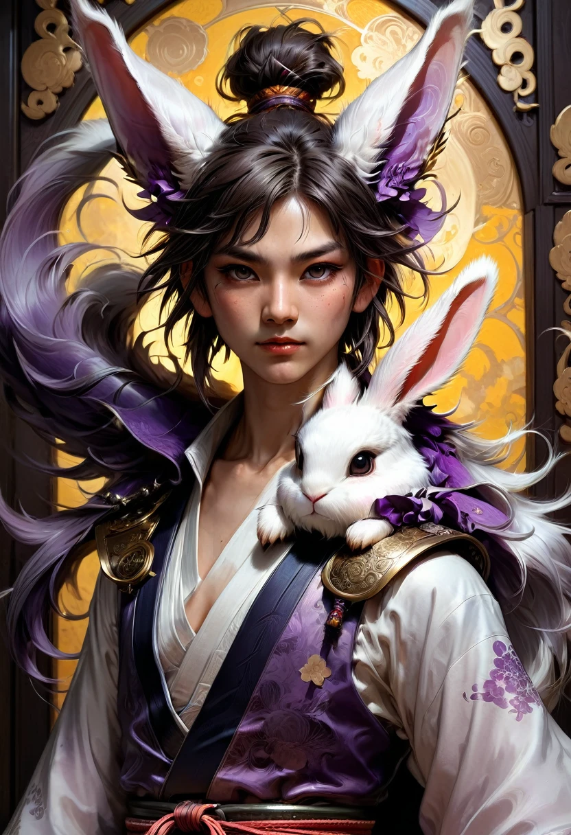 a cool boy with long fluffy rabbit ears, rabbit ears, Badass Samurai boy with rabbit ears intricate details, HDR, beautifully shot, hyperrealistic, sharp focus, megapixels, perfect composition, high contrast, cinematic, atmospheric, moody 8k resolution concept art by Greg Rutkowski dynamic lighting hyperdetailed intricately detailed Splash art trending on Artstation triadic colors Unreal Engine 5 volumetric lighting Alphonse Mucha WLOP, a masterpiece, 8k resolution, dark fantasy concept art, by Greg Rutkowski, dynamic lighting, hyperdetailed, intricately detailed, Splash screen art, trending on Artstation, deep color, Unreal Engine, volumetric lighting, Alphonse Mucha, Jordan Grimmer, purple and yellow complementary colours