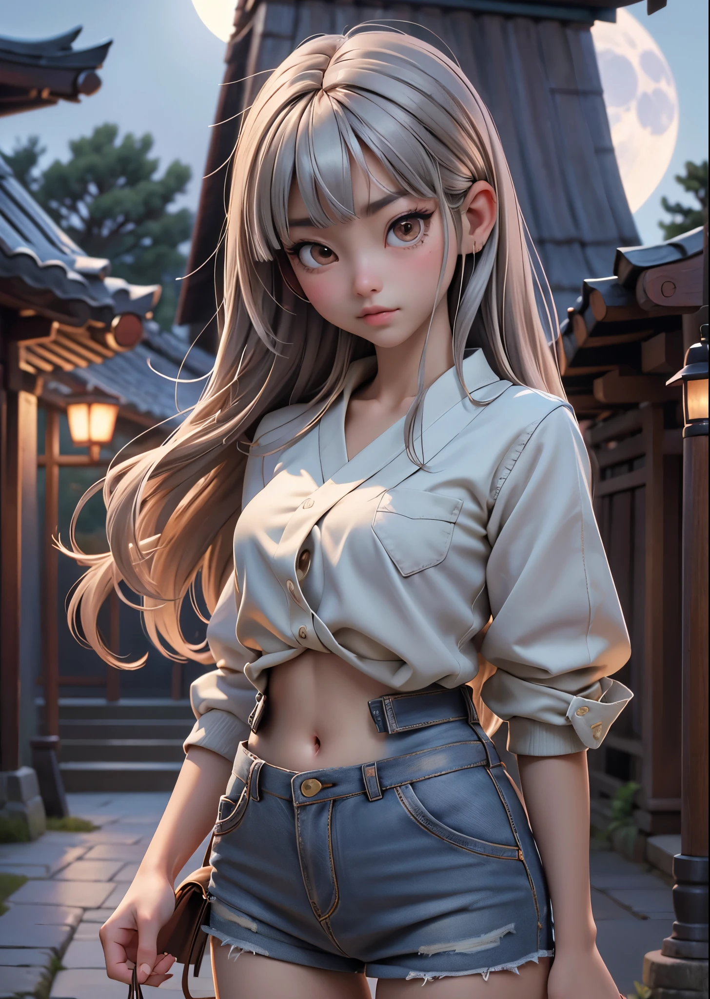 (masterpiece, highest quality, highest quality, Official Art, beautifully、aesthetic:1.2),Cowboy Shot、 (1 Japanese cat-faced girl)、Large light brown eyes、Beautiful belly、Hold a fan in one hand、（Long silver hair with bangs）、Old shrine garden、pine tree、moonlight、Very detailed,、Perfect lighting、Sharp focus、High resolution、High resolution、High color rendering、High resolution、Super realistic、