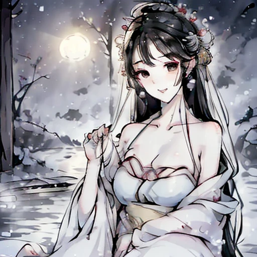 Chinese scenery, ((hot spring)), (snowstorm), (firefly), (Paper Kite), (midnight), (moon), Hilltop Shrine, ((flower)), Beautiful scenery, Realistic lighting, masterpiece, high quality,Ancient costume goddess，Playing in the water，The long legs are charming，Medium breasts，Soft Light，Off-shoulder，Charming shoulders，Elegant and intellectual posture，best quality