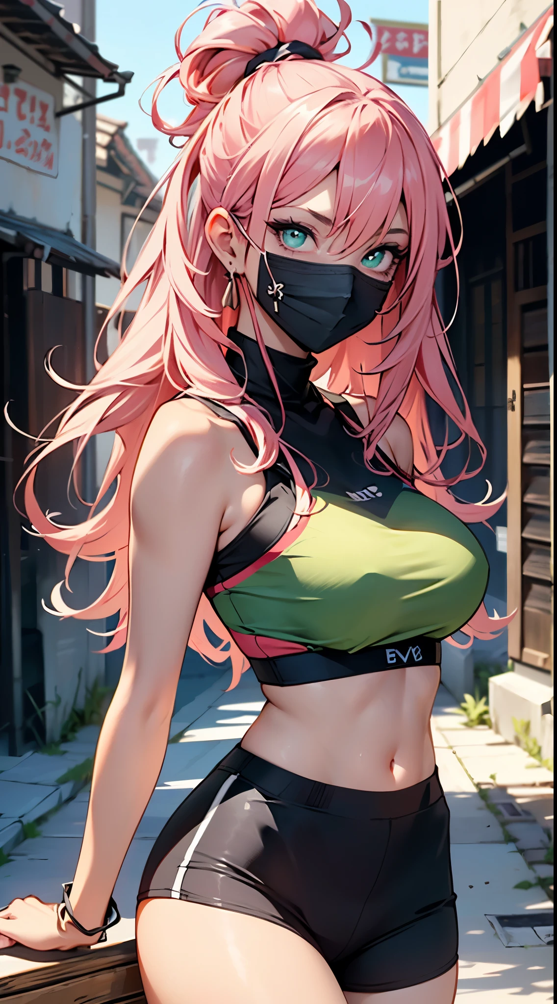 4K, high resolution, Best quality, Masterpiece, perfect colors, perfectly shaded, Perfect lighting, posted on e621, (by Chunie), anthro, ((Portrait)), （（beautiful woman））, perfect female figure, length detailed hair, pink hair color, Big breasts, bigger breasts, Green eyes color, Wear men's shorts,Abusculature,Detailed face, Perfect face, (The stands up), Detailed background, ((Bonifasko lighting)),  (Detailed eyes), perfect pupils，suntanned skin