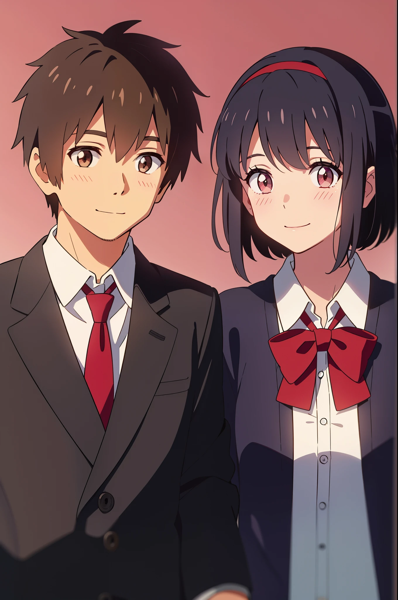 shinkai makoto, kimi no na wa., 1girl, 1boy, bangs, black hair, short hair, blush, brown eyes, collared shirt, white shirt, black cardigan, (boy wear red tie), (girl wear red bow, red headband, red ribbon), cute, couple, adorable, shinny skin, looking at viewer, smile, simple background, upper-body