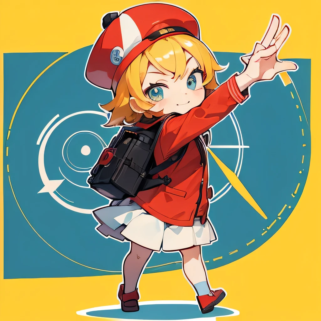 I would like to create a character icon for a social networking site that posts short trivia videos.。
The target audience is high school boys.。
Please create an illustration of a girl.。
Character is curious。Red backpack Yellow hat。
Please draw a deformed mini full body facing right。
Make the outline thicker。