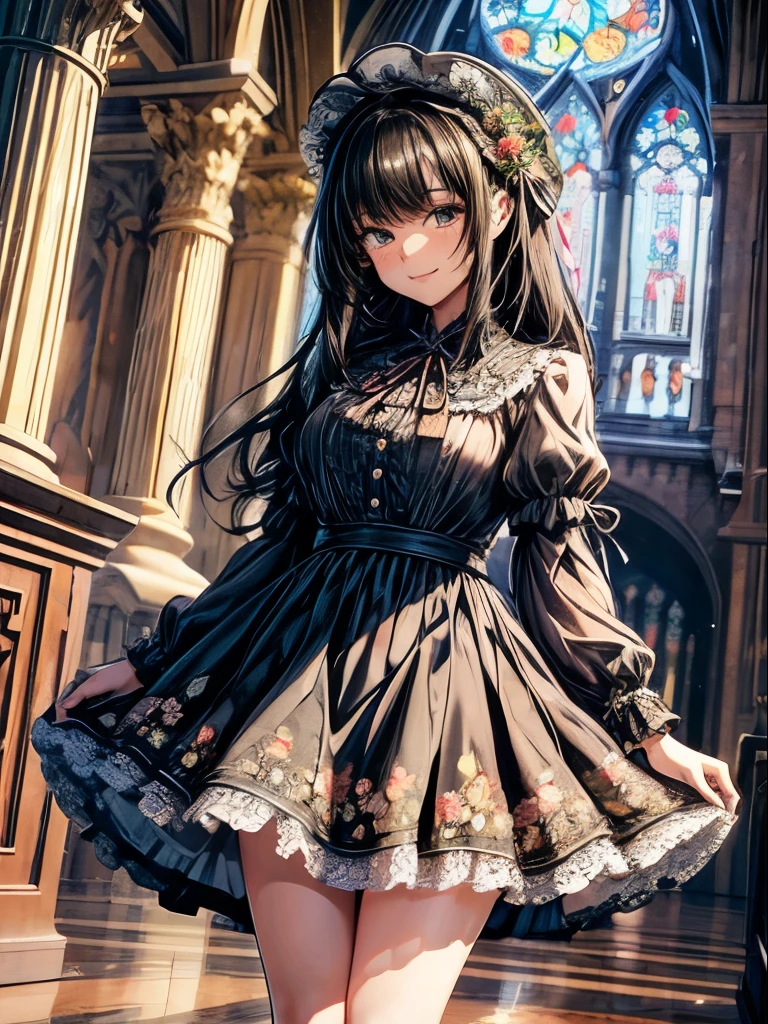 very cute and beautiful girl,(highly detailed beautiful face and eyes),(smile:1.2),
black hair,looking at viewer,stylish pose,beautiful legs,cowboy shot,
floral pattern brown ****ta dress with detailed frills,
altar,church,indoors,
(best quality,masterpiece),absurdres,highres,ultra-detailed,extremely detailed,32k,8k resolution,
intricate details,cinematic scene,detailed background,solo,dynamic angle,