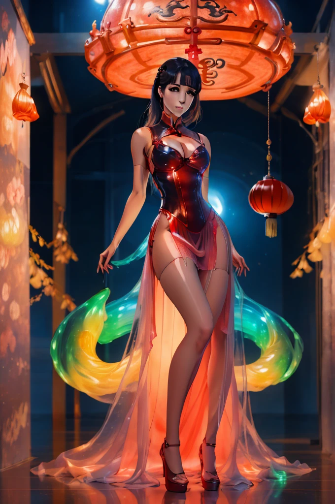 ((best quality)), ((masterpiece)), (intricate details, hyperdetailed:1.15), 35mm, bokeh, (perfect face, highest detailed face), (full body shot), (wearing a red bioluminescent ballgown), red and yellow bioluminescent dress, fashion photography of bratz, lips, large breasts, beautiful, makeup, mascara, lip gloss, perfect eyes, long eyelashes, long hair, looking at viewer, 8k, shiny, glow, (bloom), beautiful girl, photoshoot, fun atmosphere, (full moon, Lunar New Year setting, Chinese dragon:1.3)