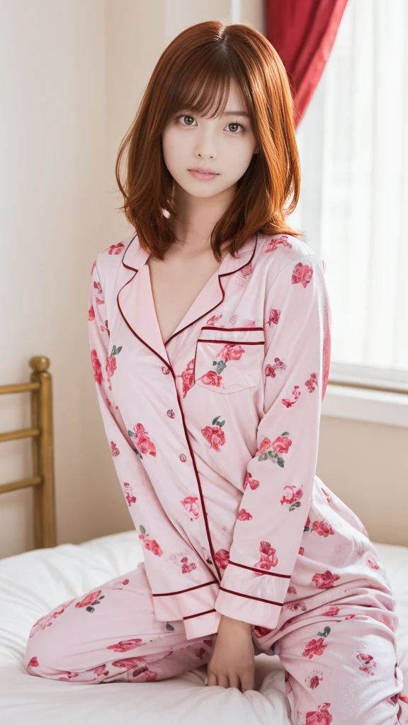 A woman in pink floral pajamas is sitting on her bed, Redhead girl, beautiful Redhead woman, Redhead woman, young Redhead girl, Short bright red hair, Red hair and attractive features, Anna Nikonova、Also known as New Milky, Redhead girl, Redhead, Beautiful woman, Posing in bed, Redhead, Short Red Hair, Posing in the room