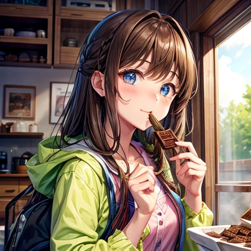 Slime and brown-haired girl eating chocolate chip cookie