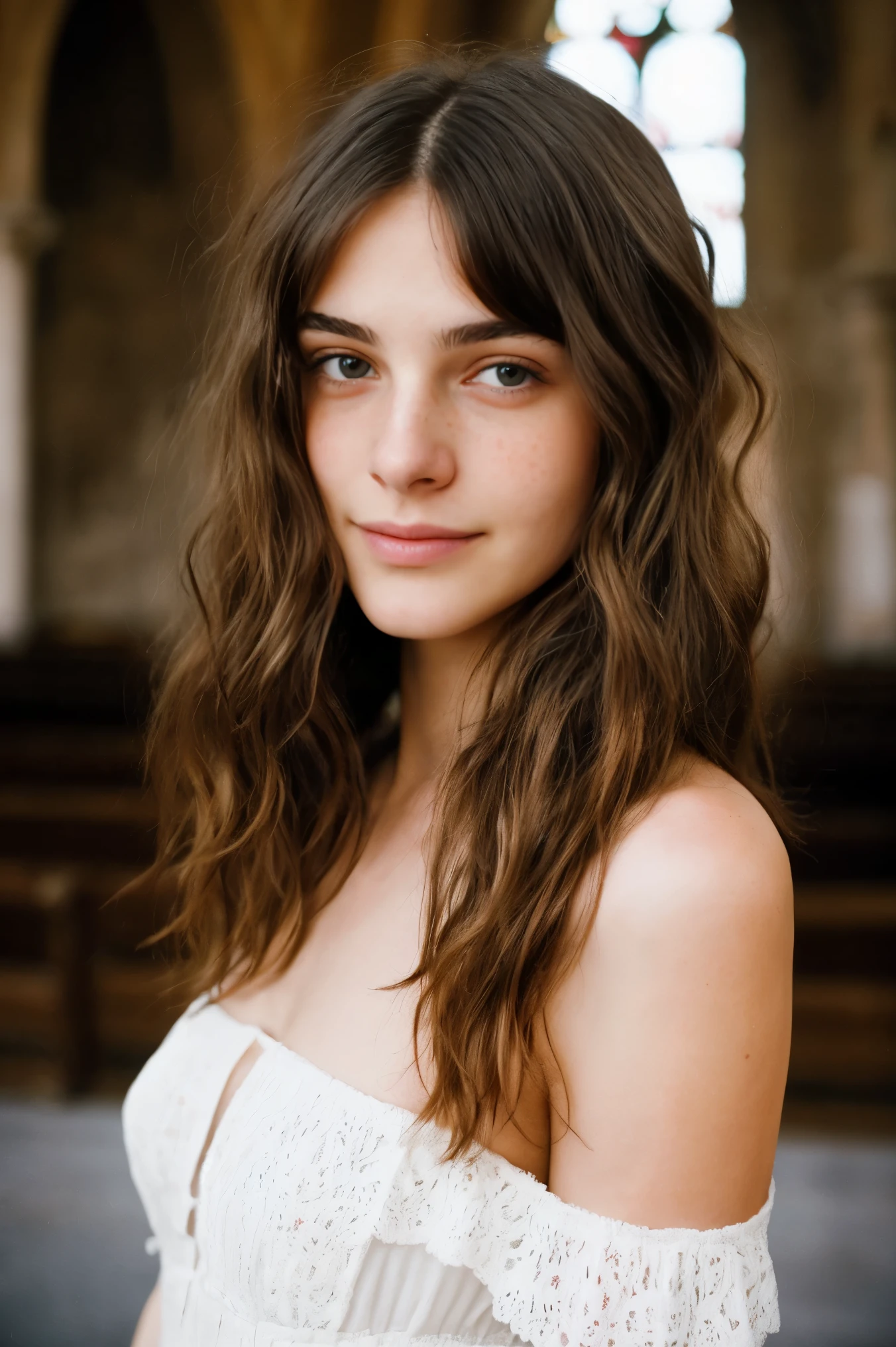 realistic photo of a 17-year-old girl, beautiful face, cute appearance, long wavy blonde hair with bangs, freckles, in an off-shoulder dress, standing in an old church, relaxed expression, brimming with emotion, interplay of contrast along with detailed light and shadow, depth of field, dark indoor with candlelight scenario,